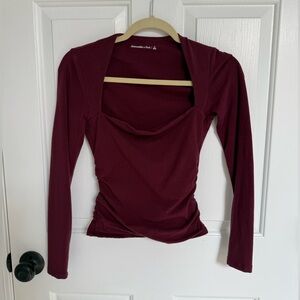 Abercrombie & Fitch Women's Long-Sleeve Square Neck Top in Burgundy SMALL